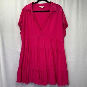 Umgee Hot Pink Linen Blend Tiered Babydoll Mini Dress Frayed Hem